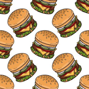 Lezzetli çizburgerler, taze marul, domates, soğan ve turşu.