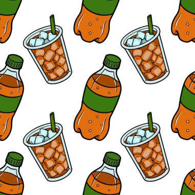 Buzlu içecekler ve buz küpleri ve pipetlerle soda şişelerinin kusursuz vektör kalıbı, fast food markaları ve yaz temaları için mükemmel..