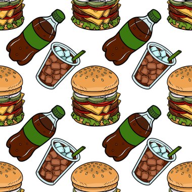 Lezzetli hamburgerlerin kusursuz vektör deseni ve buzlu taze kola içecekleri.