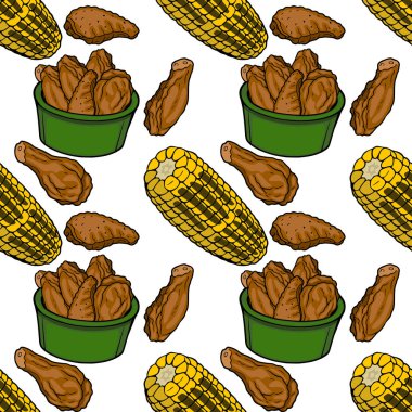 Kızarmış tavuk kanadı ve mısır koçanında kusursuz vektör deseni, fast food çizimi.