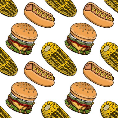 Lezzetli hamburgerlerden, hardallı sosislilerden ve koçanlı mısırdan oluşan kusursuz vektör deseni..