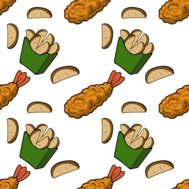 Yeşil bir karton içinde kızartılmış karides ve patates dilimlerinin kusursuz vektör deseni.