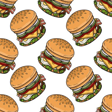 Lezzetli Burger Deseni Vektör İllüstrasyonu