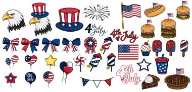 4 Temmuz kutlamaları. Amerikan sembolleri, yemekleri ve vatansever unsurlarla çizilmiş.