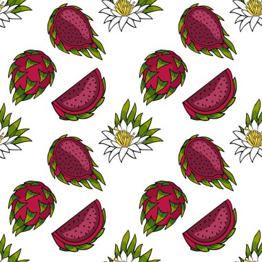 Canlı ejderha meyvesi ve çiçek açan vektör deseni, kusursuz tropikal arkaplan çizimi