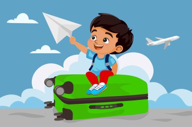 Cute cartoon boy sitting on a green suitcase holding a paper airplane. Travel and vacation concept. Flat vector illustration for kids, family trip, tourism, or holiday design.