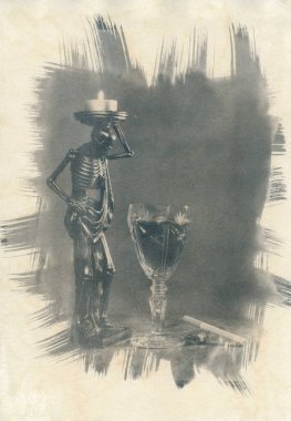 Still life with a sculpture of a skeleton. Attention! The image is printed on watercolor paper and has its texture.