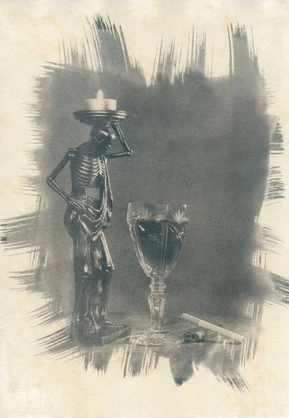 Натюрморт Скульптурой Скелета Внимание Изображение Напечатано Акварельной Бумаге Имеет Свою — стоковое фото