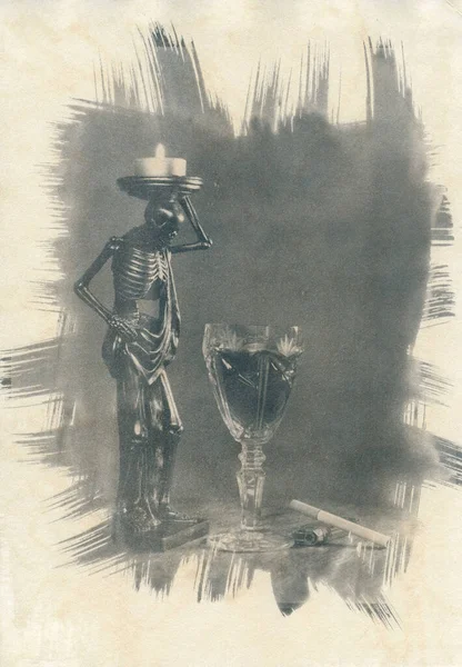 Still Life Sculpture Skeleton Attention Image Printed Watercolor Paper Has Fotos de stock libres de derechos