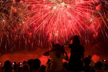Karanlık gökyüzünde güzel havai fişekler. Ön planda izleyicilerin siluetleri var..