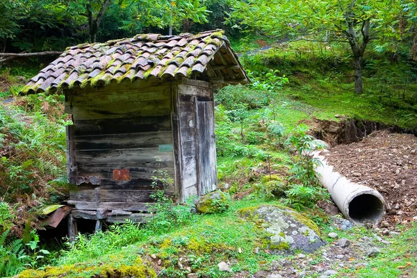 Een Zeer Klein Houten Huis Zonder Ramen Met Een Betegeld — Stockfoto