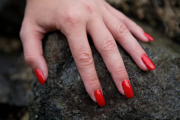 Brush Beautiful Female Hand Lies Stone Manicure Done Red Lacquer — Stock Photo, Image