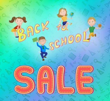 Sırt çantası üzerinde oynayan sevimli çocuklar. Geri okul satış konsepti bann