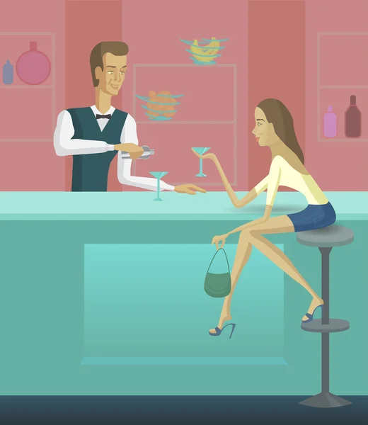 Menina e bartender vetor ilustração — Vetor de Stock