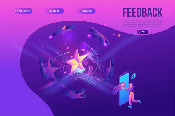 Produits d'avis clients, application mobile pour la notation, retour d'expérience client par smartphone, illustration vectorielle isométrique violette, modèle de page de renvoi — Image vectorielle