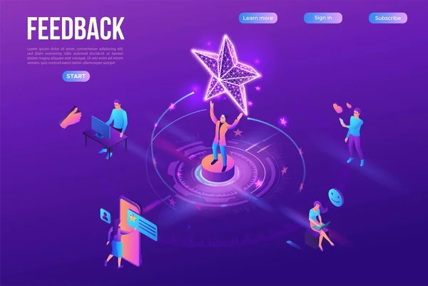 Concepto de retroalimentación con ícono de estrella isométrica 3d, producto de tasa de cliente, encuesta de satisfacción del cliente, la gente revisa la calidad del servicio, ilustración de vectores púrpura, plantilla de landing page — Vector de stock