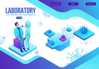 Covid-19 burun temizleme testi, izometrik tıbbi konsept, Coronavirus vektör ikonu, laboratuvar maskeli insanlar, modern tasarım, bilgi örnekleme, iniş sayfası şablonu