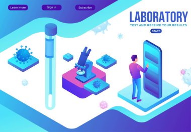 Covid-19 burun temizleme testi, izometrik tıbbi konsept, Coronavirus vektör ikonu, laboratuvar maskeli insanlar, modern tasarım, bilgi örnekleme, iniş sayfası şablonu