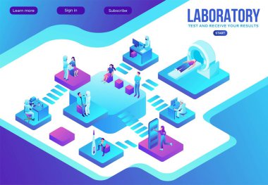 Covid-19 izometrik medikal konsept, Coronavirus vektör ikonu, laboratuvar bezi ve kan testi yapan maskeli insanlar, bilgisayarlı tomografi, beyaz sırt gorund üzerinde izole edilmiş bilgi grafikleri.