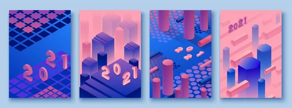 Abstraktní fialové izometrické plakáty v módní purpurové barvě s geometrickými 3D tvary, brožura kolekce, futuristické pozadí, barevné světlé vektorové ilustrace, obal, tisk — Stockový vektor