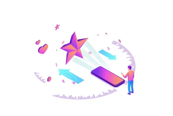 Concepto de retroalimentación con ícono de estrella isométrica 3d, producto de tasa de cliente, encuesta de satisfacción del cliente, la gente revisa la calidad del servicio, ilustración vectorial púrpura — Vector de stock