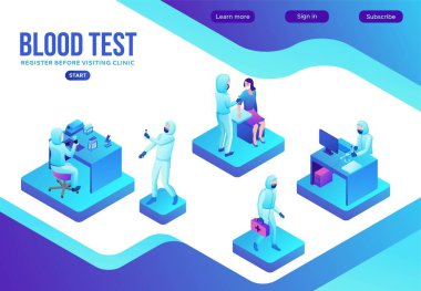 Covid-19 kan antikor testi, izometrik tıbbi konsept, Coronavirus vektör ikonu, laboratuvar maskeli insanlar, modern tasarım, bilgi grafikleri, iniş sayfası şablonu