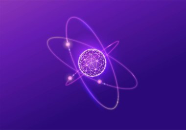 Kuantum düşük polinom wirefram ikonu, 3 boyutlu vektör fiziği sembolü, neon parlayan çokgen çizimi, fütüristik kavram için iyi