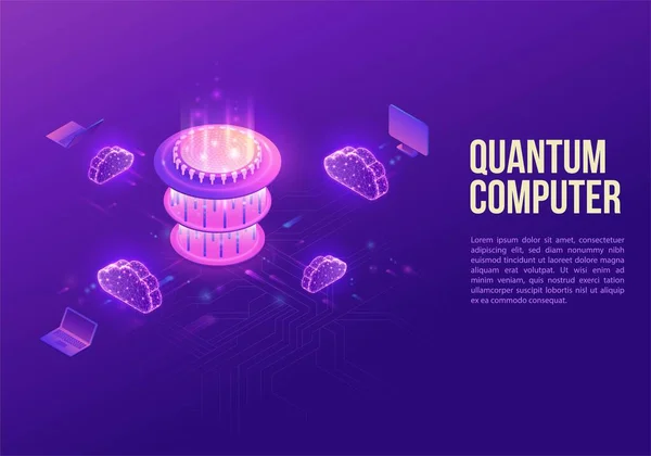 Квантовый компьютерный футуристический процессор, чип с сетью, изометрическая векторная иллюстрация, светящийся фиолетовый дизайн, инновационная технология облачных вычислений Стоковая Иллюстрация