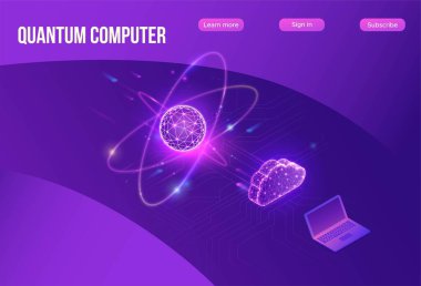 Kuantum bilgisayar fütüristik işlemcisi, ağ çipi, izometrik vektör çizimi, parlak mor tasarım, yenilikçi bulut hesaplama teknolojisi