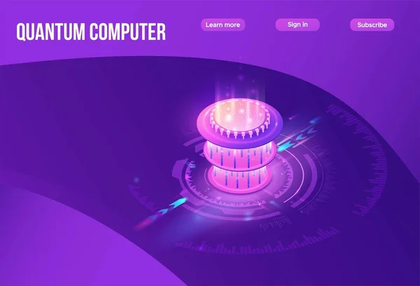 Квантовый компьютерный футуристический процессор, чип с сетью, изометрическая векторная иллюстрация, светящийся фиолетовый дизайн, инновационная технология облачных вычислений Стоковый вектор