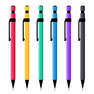 Renkli plastik kutulardaki mekanik kalemler 