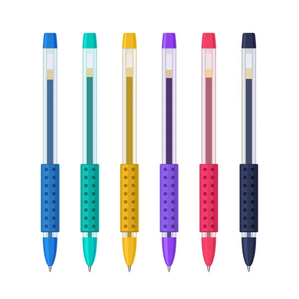 Bolígrafos Gel Color Estuches Plástico Transparente Con Empuñadura Goma — Vector de stock