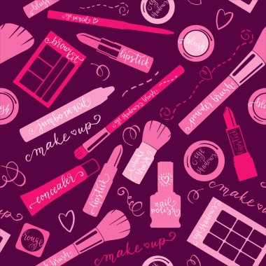 Düz renkli makyaj ikonlarıyla kusursuz desen. Arka planda farklı kozmetik ürünlerinin el çizimi vektör çizimleri.