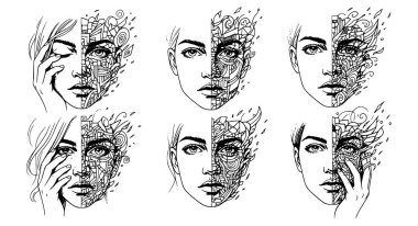 Altı soyut kadın yüzünün vektör sanatı