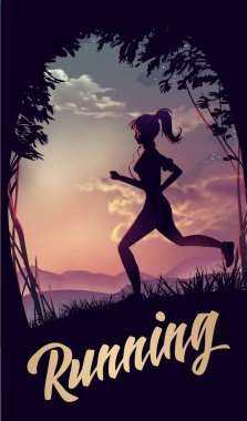 Sportif kadın gündoğumu ışık Park'ta jogging
