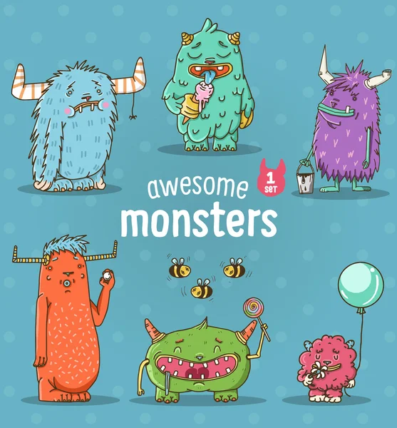 Conjunto de divertidos monstruos de dibujos animados — Vector de stock