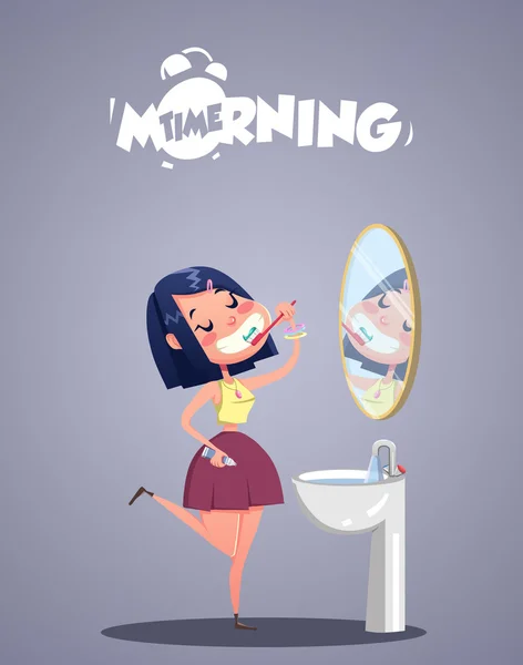 Daily Morning Life. Little girl brushing teeth — Stock Vector