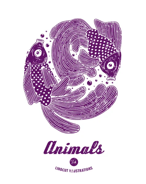 Ilustración vectorial de peces linocut — Archivo Imágenes Vectoriales