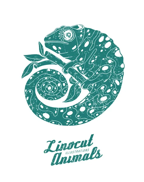 Ilustración vectorial de linograbado camaleón — Archivo Imágenes Vectoriales