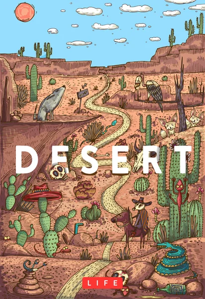 Vida silvestre en el desierto con animales, aves y plantas — Vector de stock