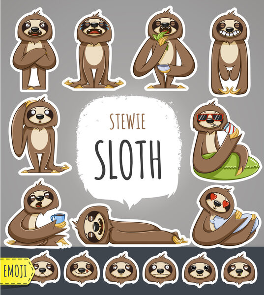 Cartoon Sloth Character. Emoticon Stickers — Stock Vector