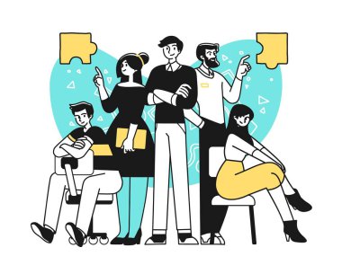 Kendine güvenen yaratıcı iş ekibinin portresi bir arada. Başarılı takım konsepti çizimi. Modern taslak biçimi