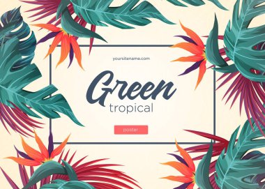 Orman bitkileriyle parlak bir tropikal arka plan. Tropikal yapraklı egzotik desen