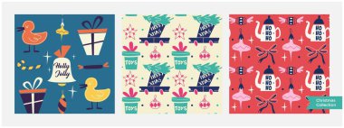 Bir dizi farklı noel pürüzsüz kalıpları. Duvar kağıdı, web sayfası arkaplanı, ambalaj kağıdı vesaire için sonsuz doku. Retro biçimi.