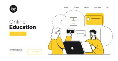 Sunum slaytı şablonu veya iniş sayfası tasarımı. İş konsepti çizimleri. Modern düz taslak tarzı. Çevrimiçi eğitim dersleri