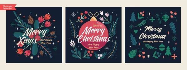 Sada Vánočních Šťastný Nový Rok Květinové Přání Šablony Moderní Retro Royalty Free Stock Ilustrace