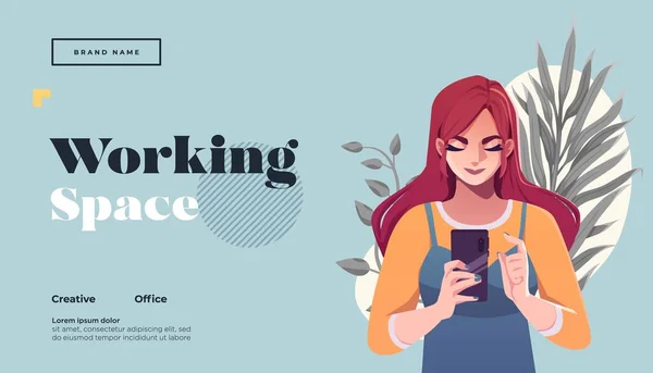 Espacio Trabajo Plantilla Landing Page Joven Freelancer Está Sentada Moderna — Vector de stock