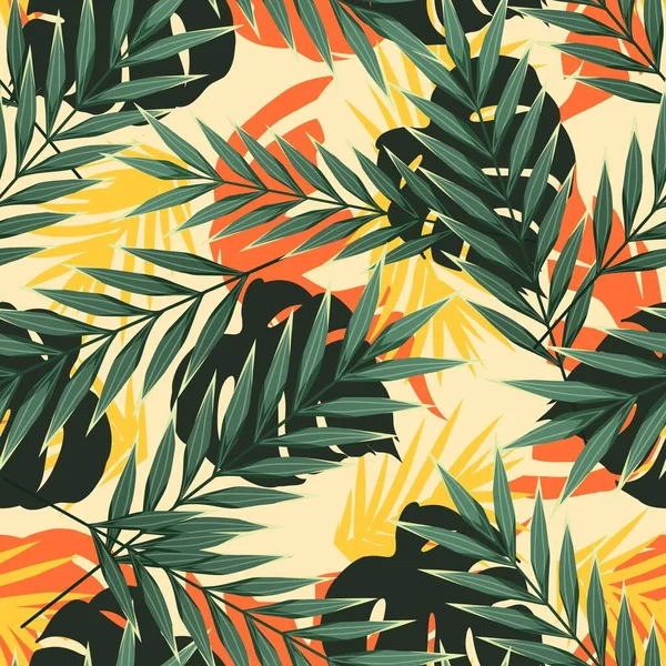 Яркий Тропический Бесшовный Рисунок Растениями Джунглей Экзотический Фон Тропическими Листьями Стоковый вектор