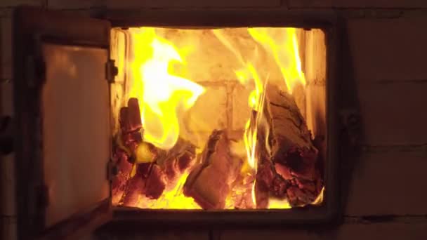 Widok płonącego ognia w piecu — Wideo stockowe