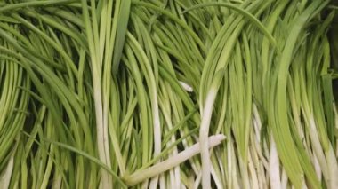 Taze yeşil soğan tüyleri mağazanın rafında